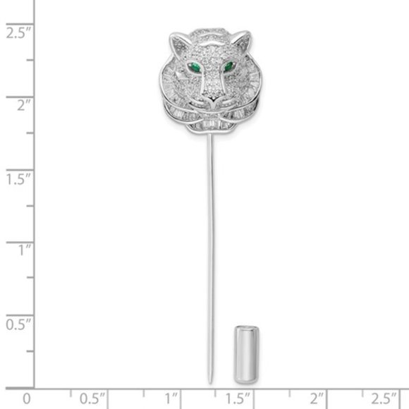 Sterling Silver Rhodium-plated Polished Clear and Green CZ Tiger Pin - Picture 2 of 4